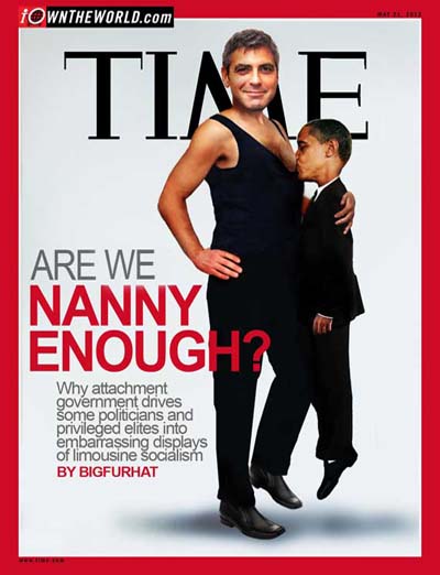 Obama portrayed as a child, feeding on the breast of George Clooney