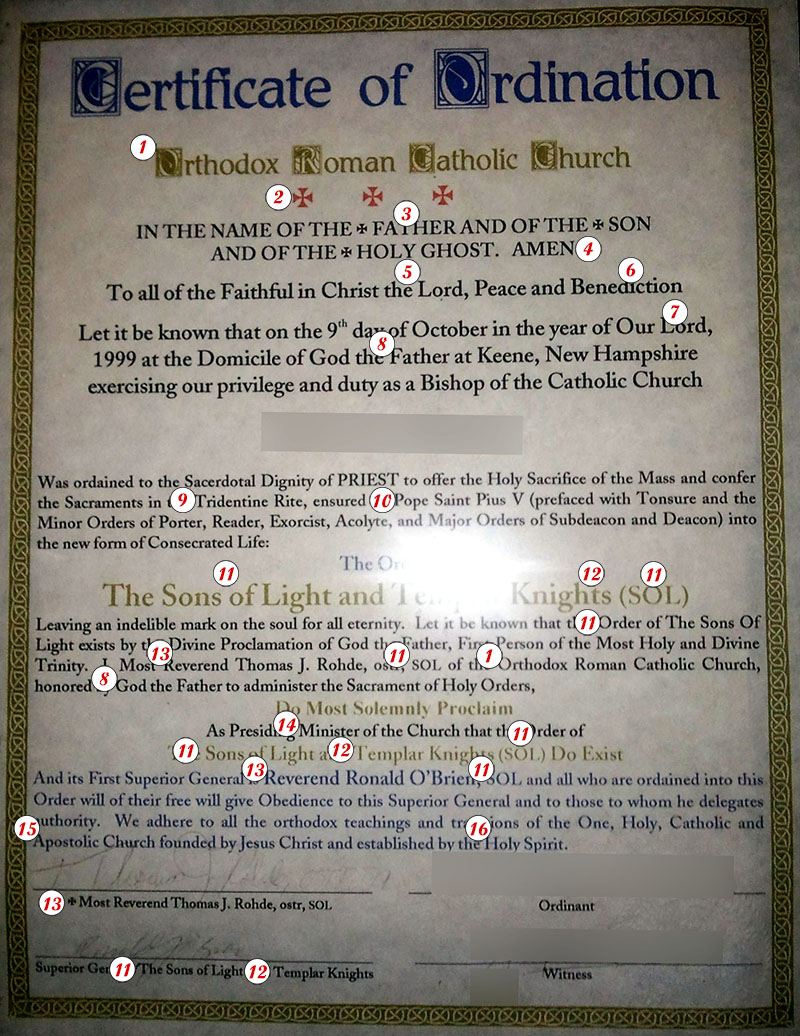 Masonic Sons of Light Priestly Ordination Certificate