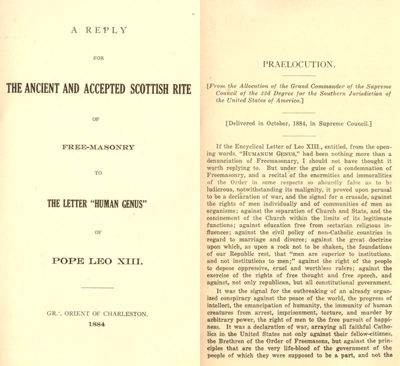 Freemason Albert Pike vs. Freemason Leo XIII: 1884 Humanum Genus pp. 34-35