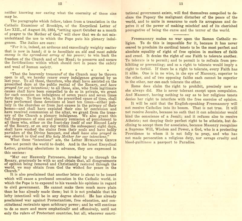 Freemason Albert Pike vs. Freemason Leo XIII: 1884 Humanum Genus pp. 44-45