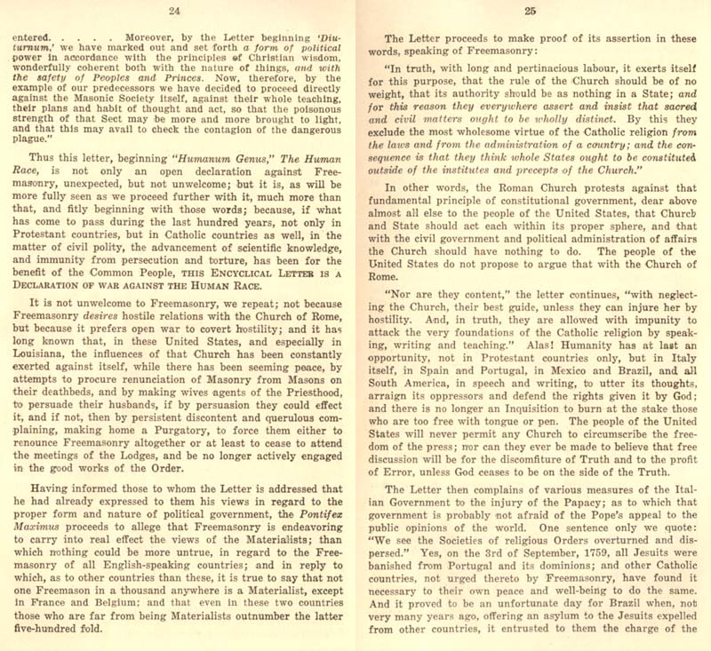 Freemason Albert Pike vs. Freemason Leo XIII: 1884 Humanum Genus pp. 56-57