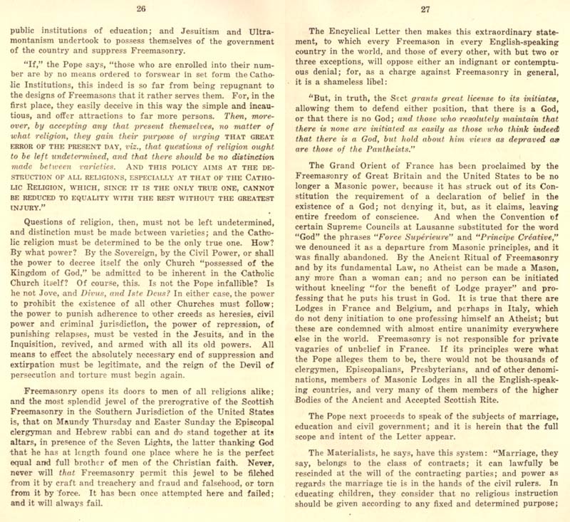 Freemason Albert Pike vs. Freemason Leo XIII: 1884 Humanum Genus pp. 58-59