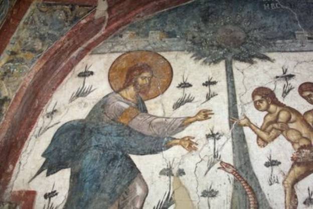Fresco in Serbia using icon imagery to reinforce that Jesus Christ is God and created Adam & Eve.