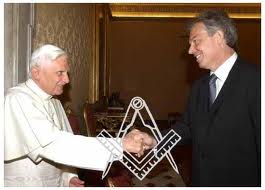 Freemason Tony Blair in a Masonic Handshake with Freemason Benedict XVI