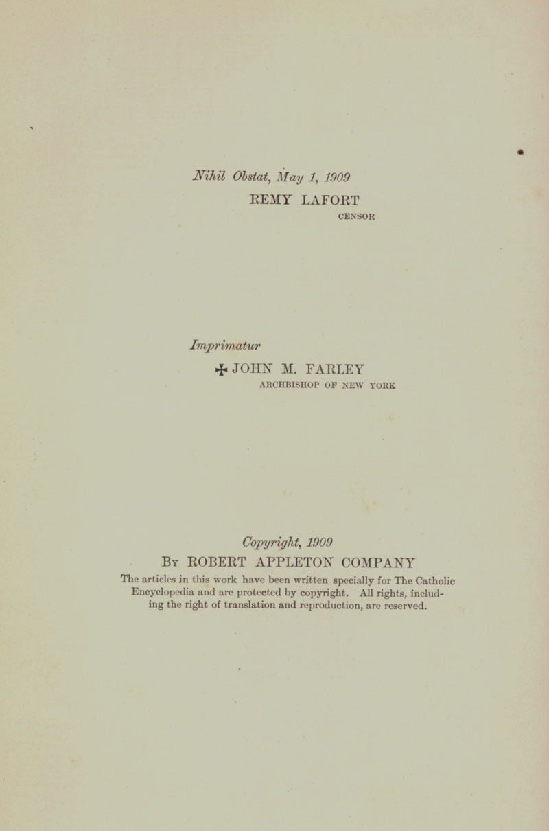 Catholic Encyclopedia copyright 1909