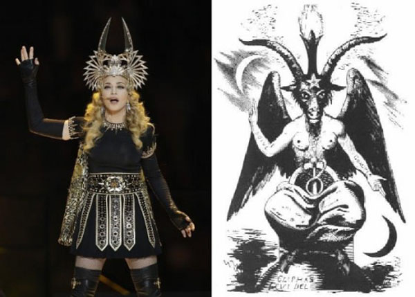 Madonna strikes the Baphomet pose at the Superbowl XLVI Halftime Show