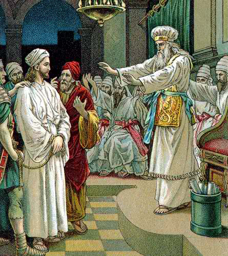 depiction of the Jewish Judge and “High-Priest” Caiaphas ordering God to be crucified