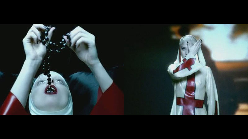 Illuminati pop star Lady Gaga eats a Rosary in her 2010 video 'Alejandro'. This music video is saturated with Illuminati symbolisim including the All-Seeing-One-Eye reference to Lucifer (right), Gaga dressed up as a Satanic nun, inverted crosses, etc.